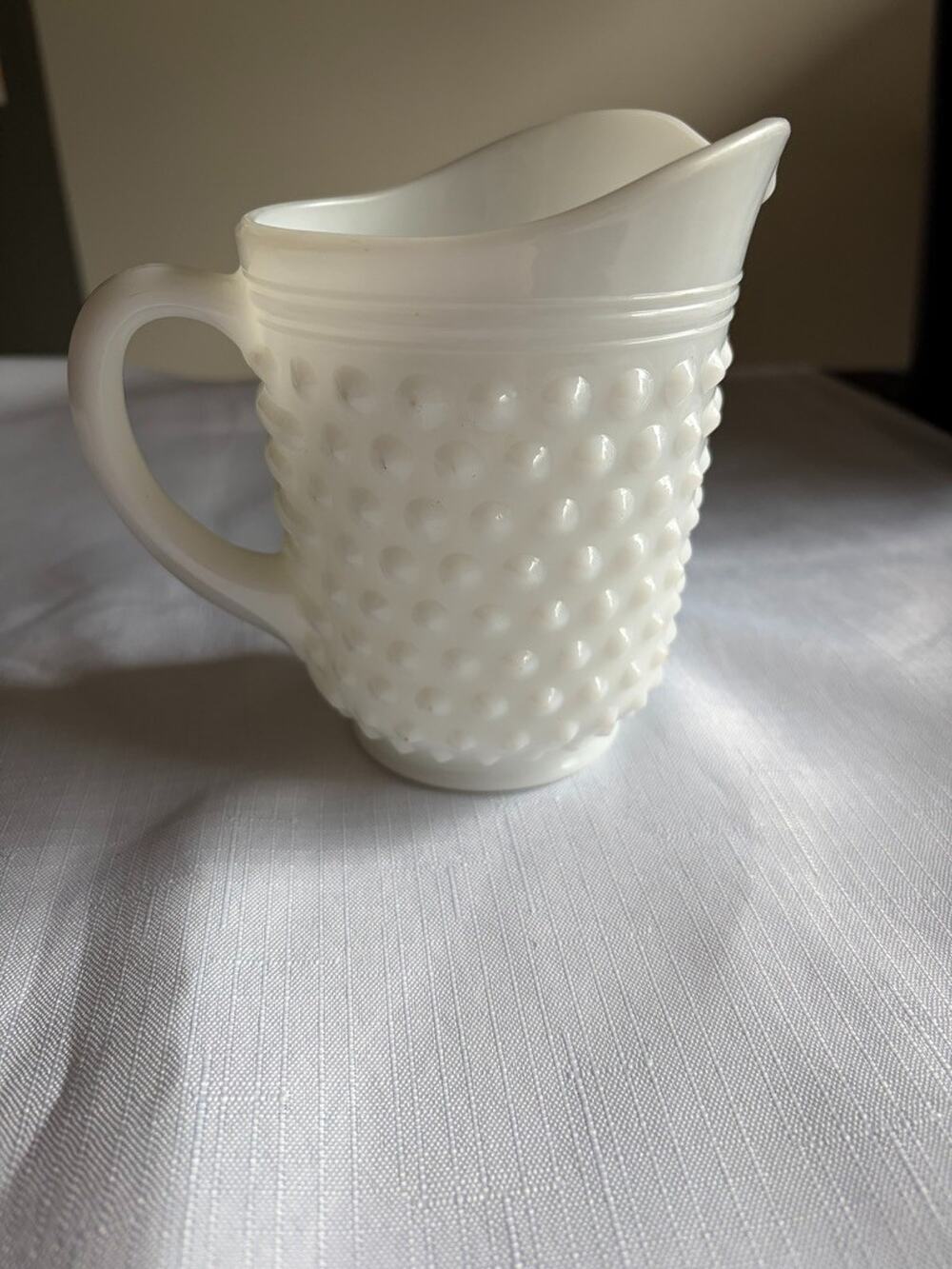 Vintage White Large Anchor Hocking Hobnail & Bars Milk Glass Pitcher app.8” Tall